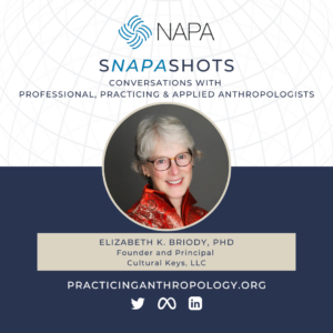 [NAPA Logo] sNAPAshots: Conversations with Professional, Practicing, and Applied Anthropologists. Elizabeth K. Briody, PhD. Founder and Principal. Cultural Keys, LLC. PracticingAnthropology.org Twitter, Meta, LinkedIn Logos