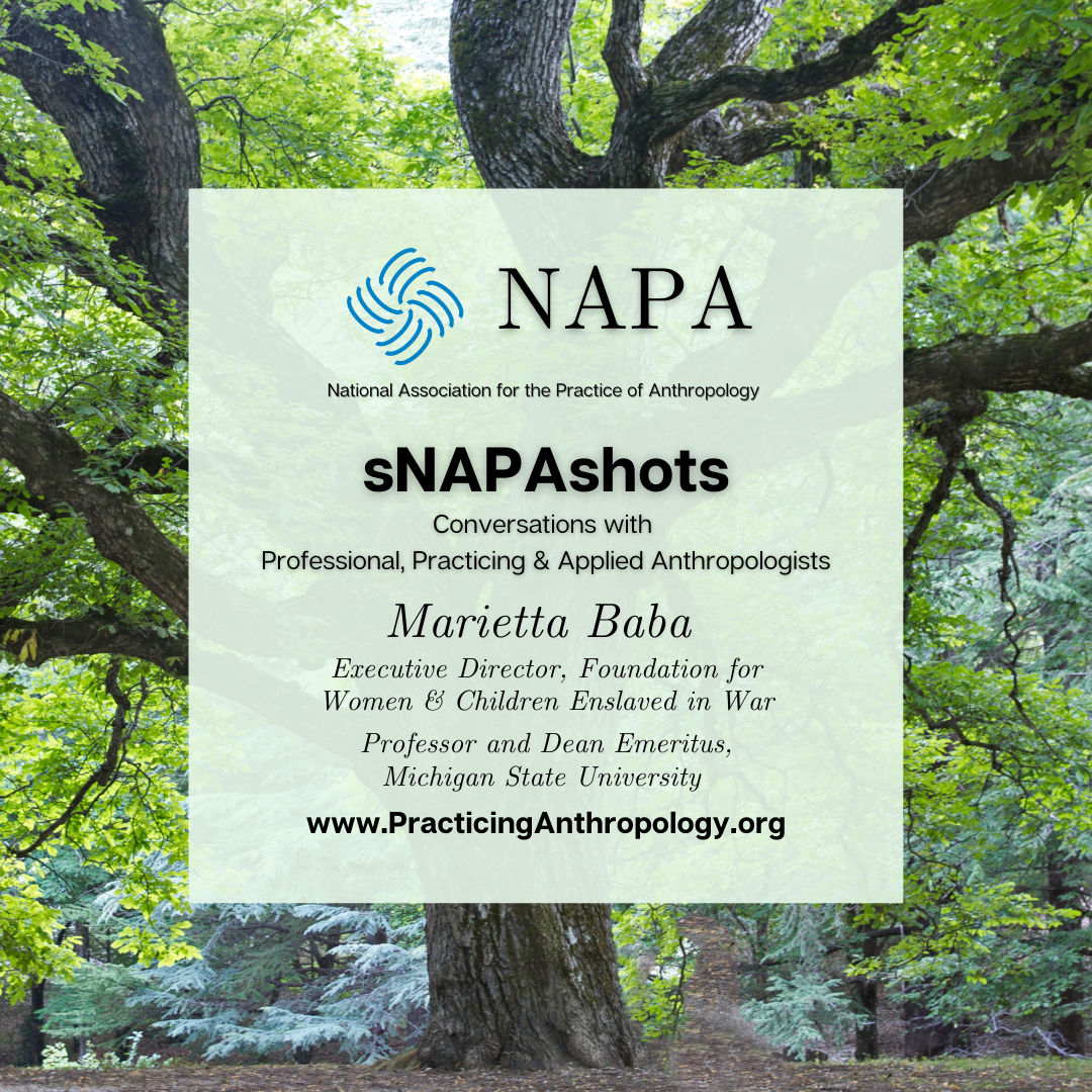 [NAPA Logo] National Association for the Practice of Anthropology. sNAPAshots Conversations with Professional, Practicing, and Applied Anthropologists. Marietta Baba, Executive Director, Foundation for Women & Children Enslaved in War; Professor and Dean Emeritus, Michigan State University www.PracticingAnthropology.org