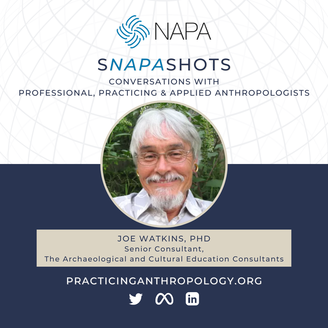 [NAPA Logo] sNAPAshots: Conversations with Professional, Practicing, and Applied Anthropologists. Joe Watkins, PhD. Senior Consultant, The Archaeological and Cultural Education Consultants. PracticingAnthropology.org Twitter, Meta, LinkedIn Logos